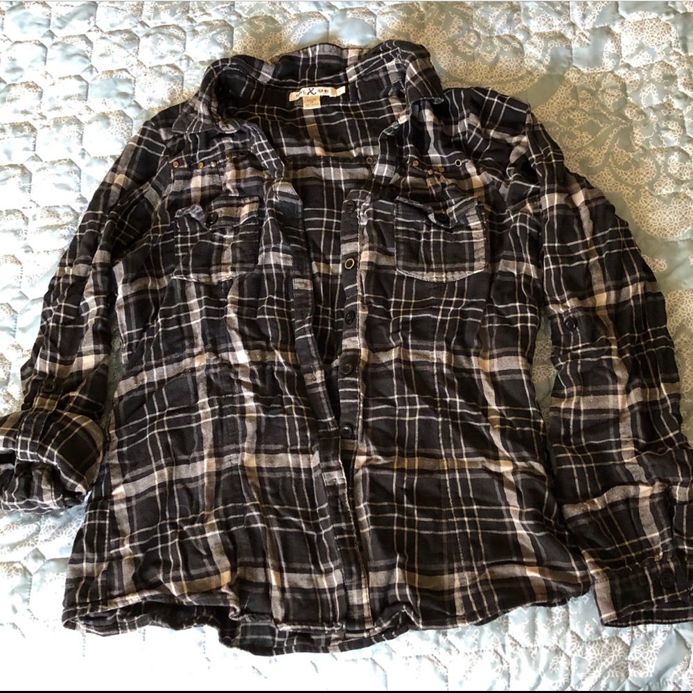 Black, gray, white plaid button down